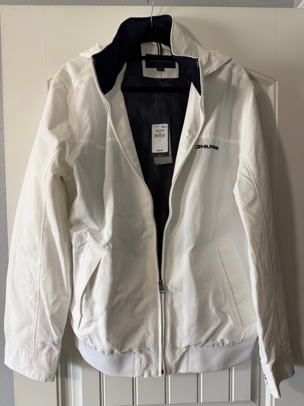 Tommy Hilfiger White Hooded Bomber Jacket with Navy Trim